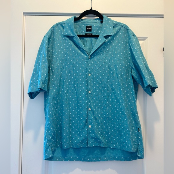 HUGO BOSS Men's Short Sleeve Button Blue Patterned Cotton Linen Shirt - Picture 1 of 7